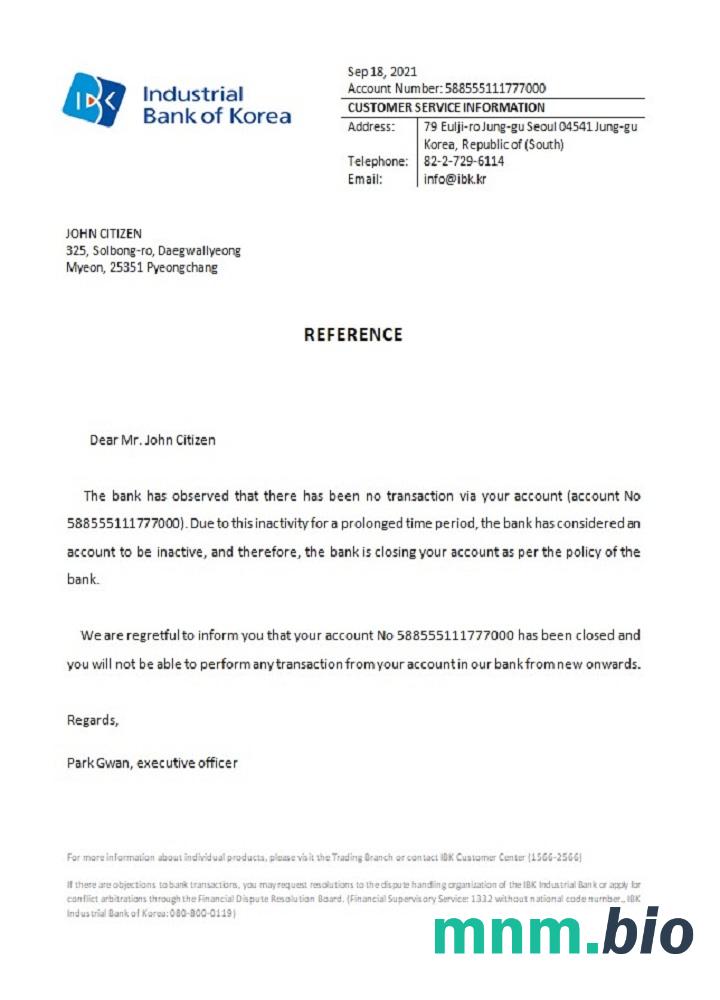Przykład odniesienia do zamknięcia banku Przemysłowego w Korei w formatach Word i PDF